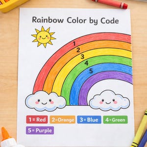 Peut inclure: Une feuille de travail "Rainbow Color by Code" avec un arc-en-ciel numéroté et des clés de couleurs. Un soleil souriant et des nuages sont également présents. Des crayons, des ciseaux et de la colle suggèrent une activité artistique amusante.