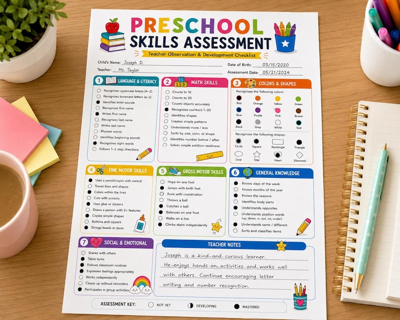 May include: A white Preschool Skills Assessment checklist printed on paper with colorful headers and sections for language, math, colors, shapes, motor skills, and general knowledge. The form includes handwritten text and filled-in circular checkboxes.