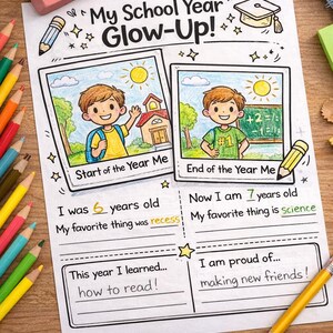 Pode incluir: Uma folha de trabalho com tema escolar intitulada "My School Year Glow-Up!" apresenta dois painéis ilustrados de uma criança, texto e um lápis. A idade da criança e suas coisas favoritas são listadas. Outros materiais escolares são visíveis.