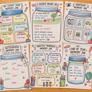 May include: A set of colourful memory jar printables for school. Each jar has prompts for recording memories, including favourite subjects, activities, and autographs. Pencils, scissors, and a sticky note that says "You Rock!" are also visible.