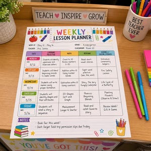 May include: A weekly lesson planner sheet with a colorful border of pencils and school icons. The grid includes columns for date, learning objective, math, reading, and science/social studies, with handwritten text detailing kindergarten curriculum plans.