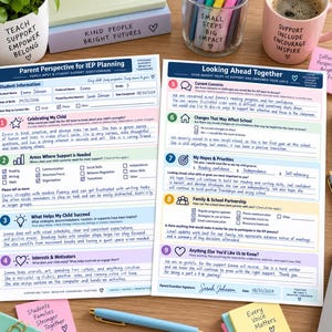 Puede incluir: Dos formularios impresos de planificación de IEP titulados Parent Perspective for IEP Planning y Looking Ahead Together, con secciones numeradas y respuestas escritas a mano sobre una estudiante llamada Emma, incluyendo casillas de verificación.