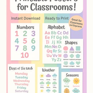 Pósters educativos imprimibles: ABC, 123, el tiempo y más. Pósters esenciales para el aula: Alfabeto, formas, el tiempo y más.