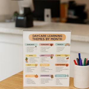 May include: A clear acrylic sign displays "DAYCARE LEARNING THEMES BY MONTH" with monthly themes and illustrations. A white ceramic cup with pens and a black tablet are on a wooden surface.
