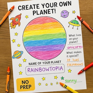 Puede incluir: Una hoja de actividades con temática de planetas con el texto "¡CREA TU PROPIO PLANETA!" y "RAINBOWTOPIA". El planeta es un círculo arcoíris, rodeado de estrellas, un cohete y un OVNI. La hoja incluye indicaciones para la creatividad.