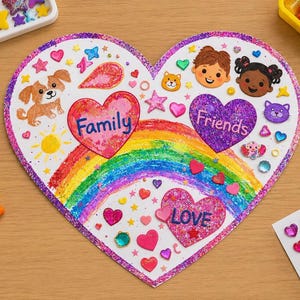 May include: A large heart-shaped craft project featuring a hand-drawn rainbow, three smaller glittery hearts labeled Family, Friends, and Love, and various stickers including a dog, faces, and stars, surrounded by colorful markers and gems.