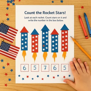 May include: A worksheet titled "Count the Rocket Stars!" features five rockets with star patterns in red and blue. The worksheet includes the numbers 6, 5, 7, 6, and 5 in boxes below the rockets. Crayons, a pencil, and star confetti are also visible.