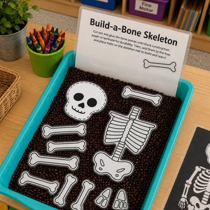 May include: A teal plastic tray filled with dark brown sensory beads containing white paper cutouts of a skull, rib cage, pelvis, and various bones. A clear instruction card titled Build-a-Bone Skeleton is placed upright in the tray.