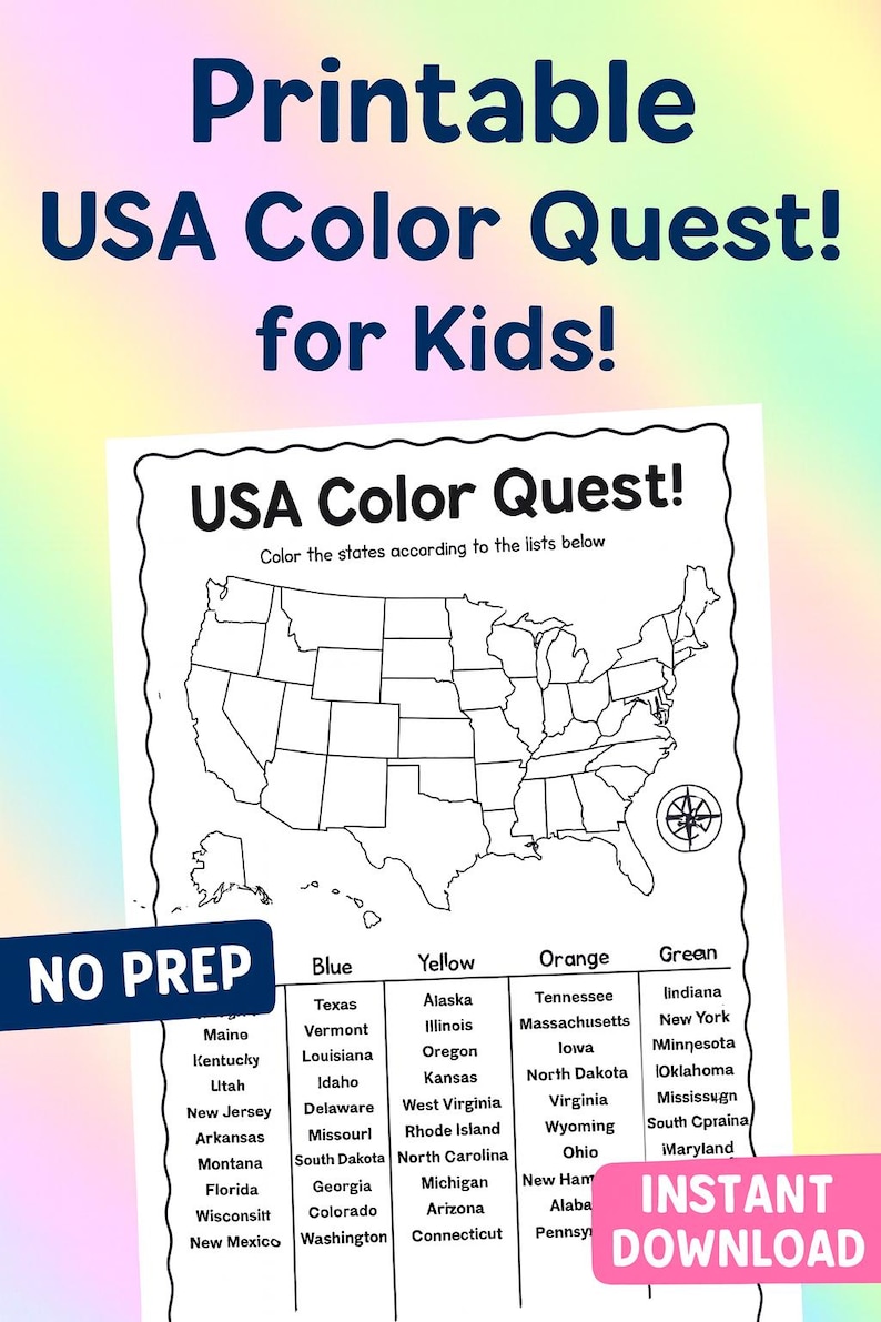 USA Color Quest Printable Worksheet | Fun State Coloring Activity for ...