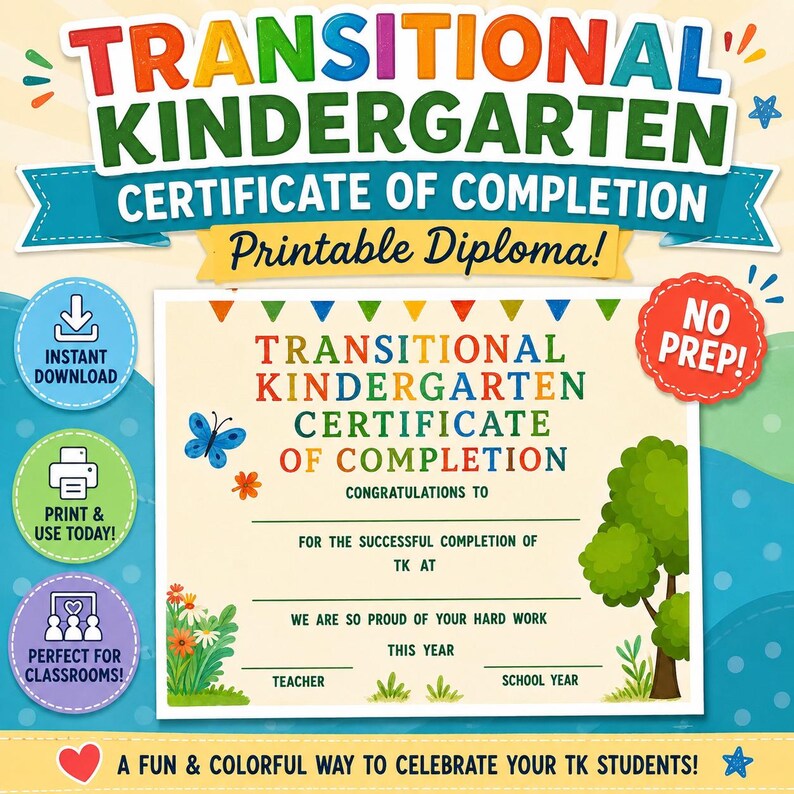 Transitional Kindergarten Certificate of Completion Printable Diploma ...
