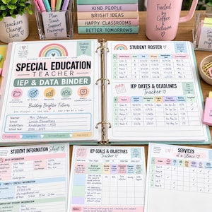 May include: A special education teacher IEP and data binder open to show a student roster and IEP dates and deadlines tracker, with additional loose-leaf pages for student information, IEP goals and objectives, and services at a glance.