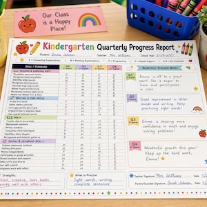 May include: A Kindergarten Quarterly Progress Report document with colorful headers and sections for Reading, Writing, Math, and Social Skills. The form includes handwritten student and teacher names, academic evaluations, and quarterly teacher notes.