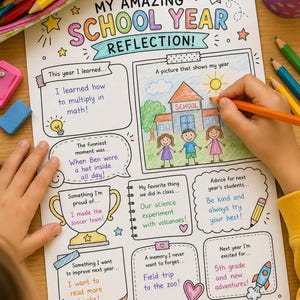 Op de afbeelding: Een kleurrijk schooljaar reflectieblad met de titel "My Amazing School Year Reflection!". Het blad bevat prompts voor de leerling om in te vullen, zoals "Dit jaar heb ik geleerd..." en "Iets waar ik trots op ben..." Een hand kleurt de afbeelding in.
