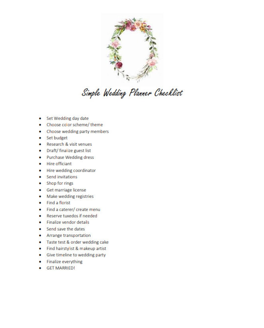 Simple Wedding Plan Checklist The Bride s Wedding Plan Etsy
