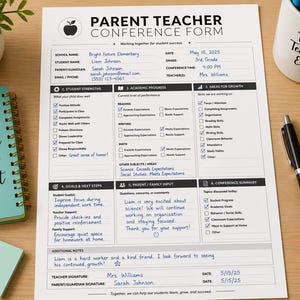 Könnte beinhalten: Ein weißes Elternsprechtag-Formular mit schwarzem Text und einem Apfel-Symbol. Das Dokument enthält Abschnitte für Stärken, akademische Fortschritte, Wachstumsbereiche, Ziele und Elternbeiträge, ausgefüllt mit handschriftlichen blauen Notizen.