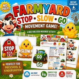 May include: A colorful educational game titled "Farmyard Stop Slow Go" with cartoon farm animals and instructions. The game includes cards with stop, slow, and go instructions, and is designed for preschool and kindergarten children.