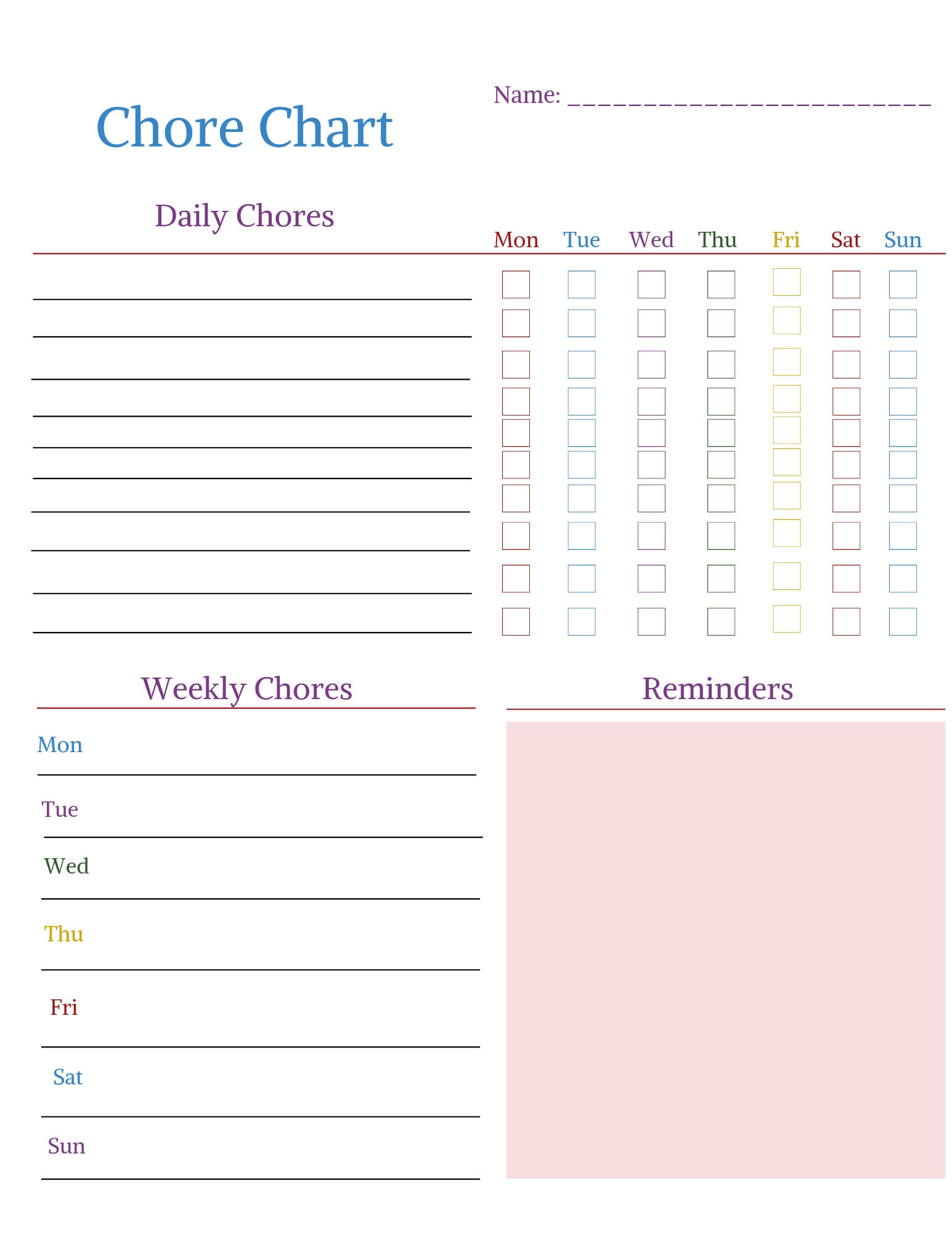 Printable Kids Chore Chart, Daily and Weekly Tasks (US Letter, A4) - Etsy