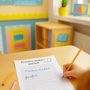 May include: A child's hand writing on a lined paper with the words "Practice makes perfect". A yellow pencil is in use, with two crayons nearby. The scene is set in a classroom with a wooden desk and colorful decorations.