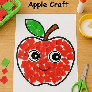 May include: A paper craft project titled Tear & Share Apple Craft featuring a white sheet with a black-outlined apple shape filled with torn red paper pieces, a green paper leaf, and two large googly eyes, accompanied by glue, scissors, and paper scraps.