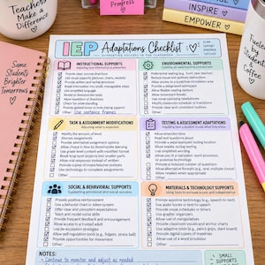 May include: An IEP Adaptations Checklist printed on white paper, featuring six color-coded sections for instructional, environmental, task, testing, social, and technology supports. The document includes checkboxes, headers, and a notes section at the bottom.