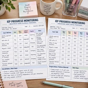 May include: Two white paper sheets titled IEP Progress Monitoring, one for multiple goal and skill tracking and one for ongoing goal data. The forms contain tables with columns for goal, date, score, support level, progress, and notes, filled with handwritten text.