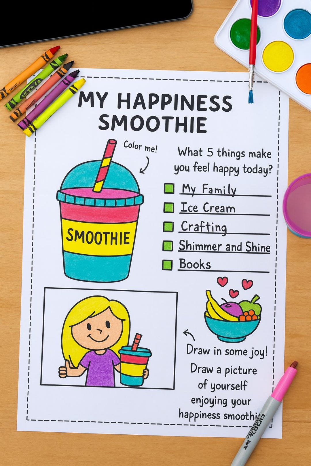 Printable Happiness Smoothie Worksheet | Social Emotional Learning ...