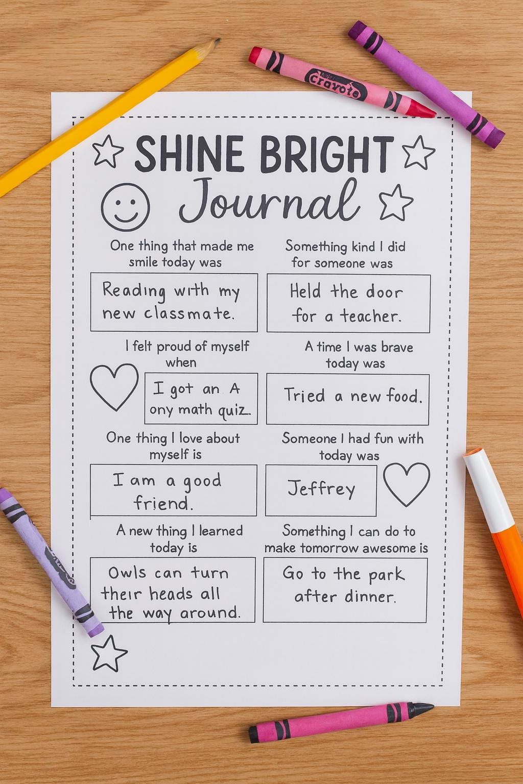 Printable Shine Bright Journal Self-Esteem & Reflection Worksheet for Kids