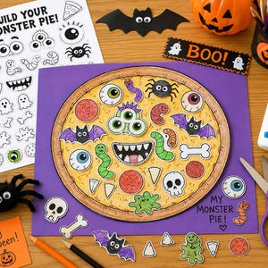 May include: A craft activity set featuring a paper pizza base on purple paper with the text My Monster Pie! and various cut-out toppings including eyeballs, worms, bats, skulls, and bones. Includes a Build Your Monster Pie! instruction sheet.
