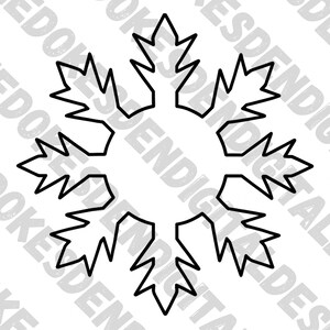 May include: A black and white graphic illustration of a six-pointed snowflake with a circular center and jagged, pointed edges. The design features a clean, bold outline against a repeating watermark background of the text SHOKESDENDIGITAL.