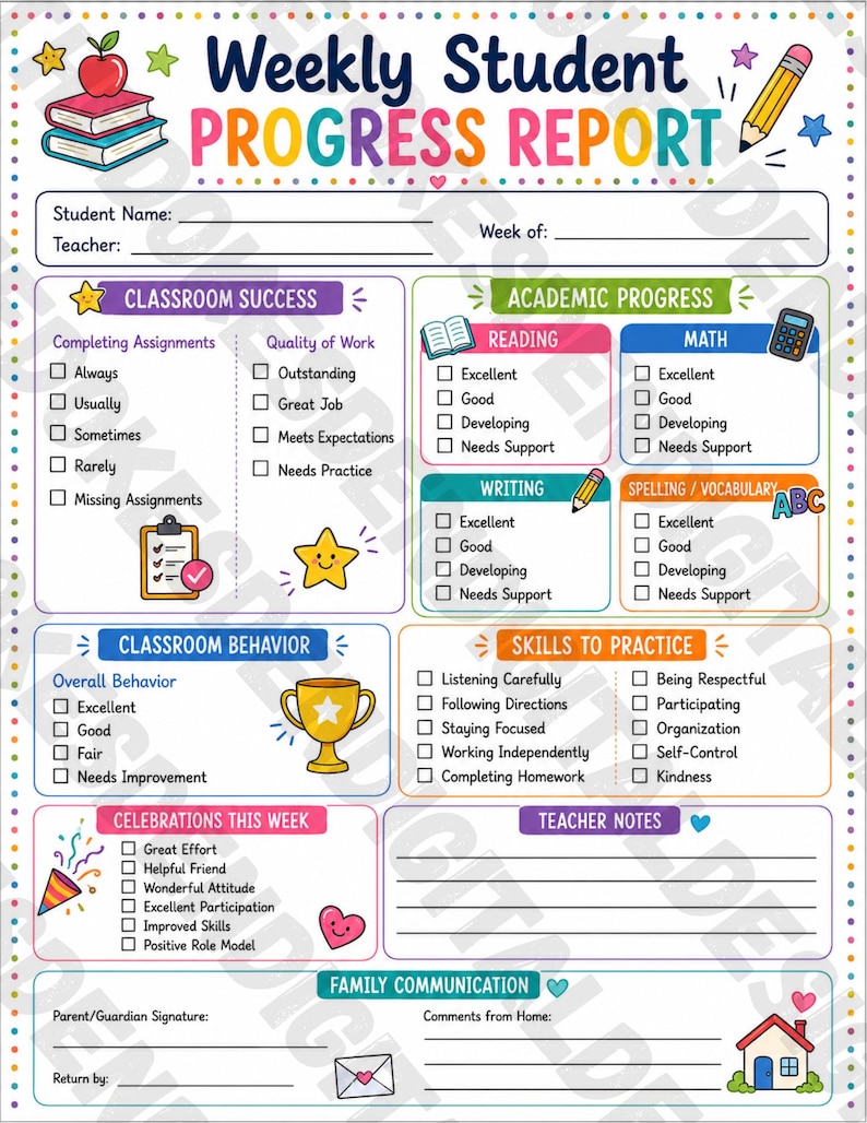 Add Math Note Form 4 Weekly Student Progress Report | Teacher Communication Form (digital ...