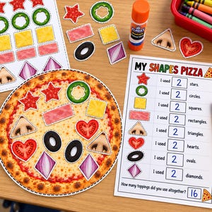 Peut inclure: Une activité de bricolage en papier sur le thème de la pizza comprenant une base de pizza ronde, des découpages en forme d'aliments et une fiche intitulée My Shapes Pizza avec du texte et des cases pour compter les garnitures, un bâton de colle, un crayon jaune et une boîte de crayons de couleur rouge.