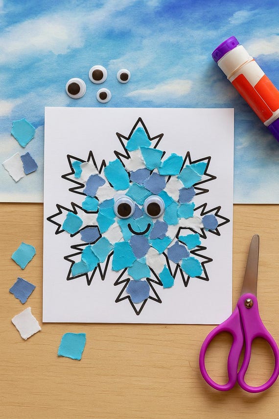Snowflake Torn Paper Craft for Kids | Winter Fine Motor Activity