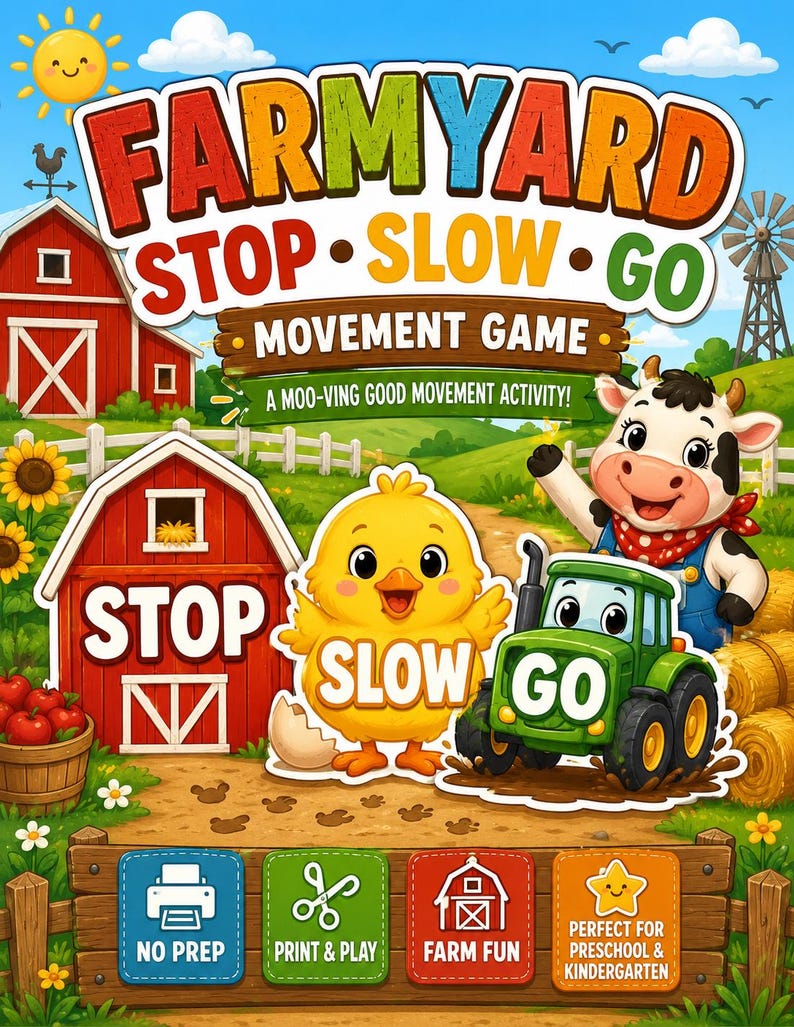 May include: A colorful children's game titled "Farmyard Stop Slow Go" with a cartoon farm scene. The image features a red barn, a yellow chick, a green tractor, and a smiling cow. The game is designed for preschool and kindergarten.