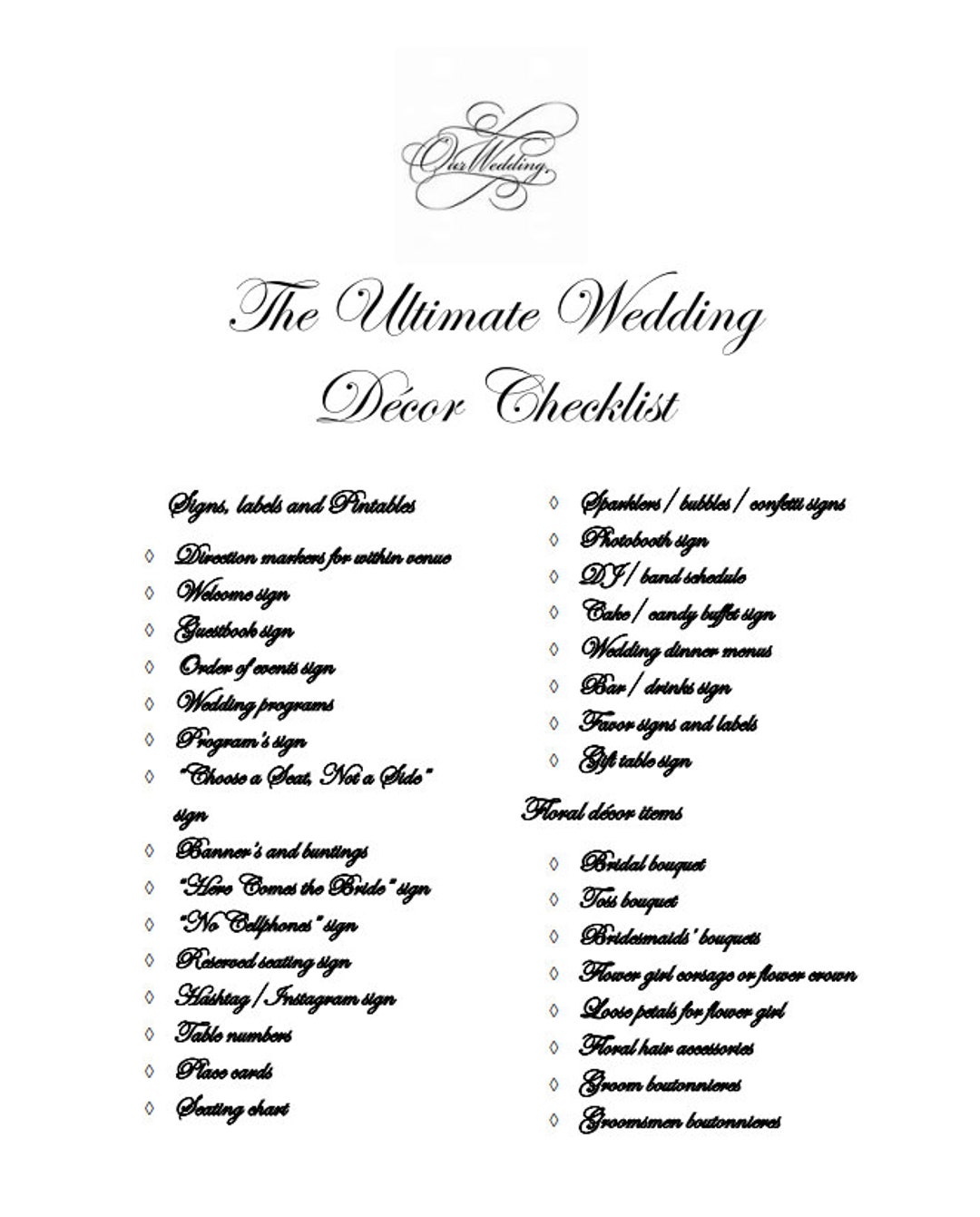Wedding Decor Checklist Printable Template Instant Download Etsy
