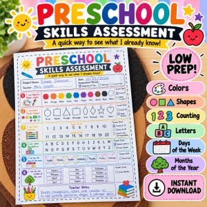 Preschool Skills Assessment Printable | Colors, Shapes, Numbers, Letters Checklist (Digital Download)