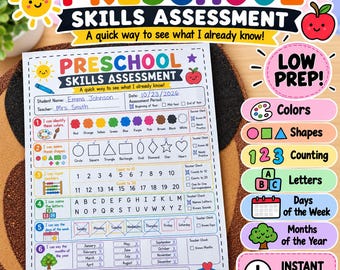 May include: A printed preschool skills assessment worksheet featuring sections for colours, shapes, counting, letters, days of the week, and months of the year. The document includes checkboxes, lines for student and teacher names, and a notes section.