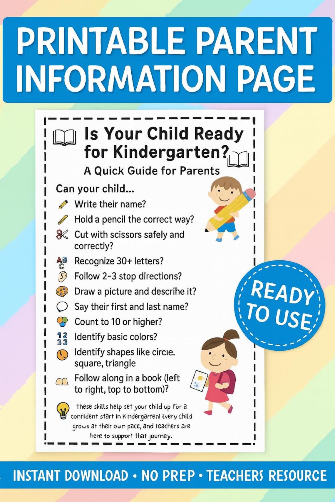 Kindergarten Readiness Checklist for Parents Printable Guide (PDF