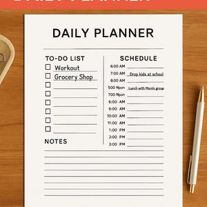 Modern Daily Planner Template PDF | Minimalist To-Do List, Hourly Schedule & Notes | Printable Productivity Sheet