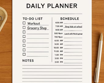 Modern Daily Planner Template PDF | Minimalist To-Do List, Hourly Schedule & Notes | Printable Productivity Sheet