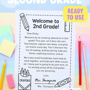 2nd Grade Welcome Letter: Back to School Note for Students (PDF or PNG Format