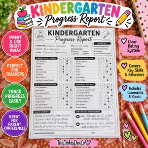 Kindergarten Progress Report Printable | Student Assessment & Skills Checklist | Quarterly Report Card | Teacher Evaluation PDF