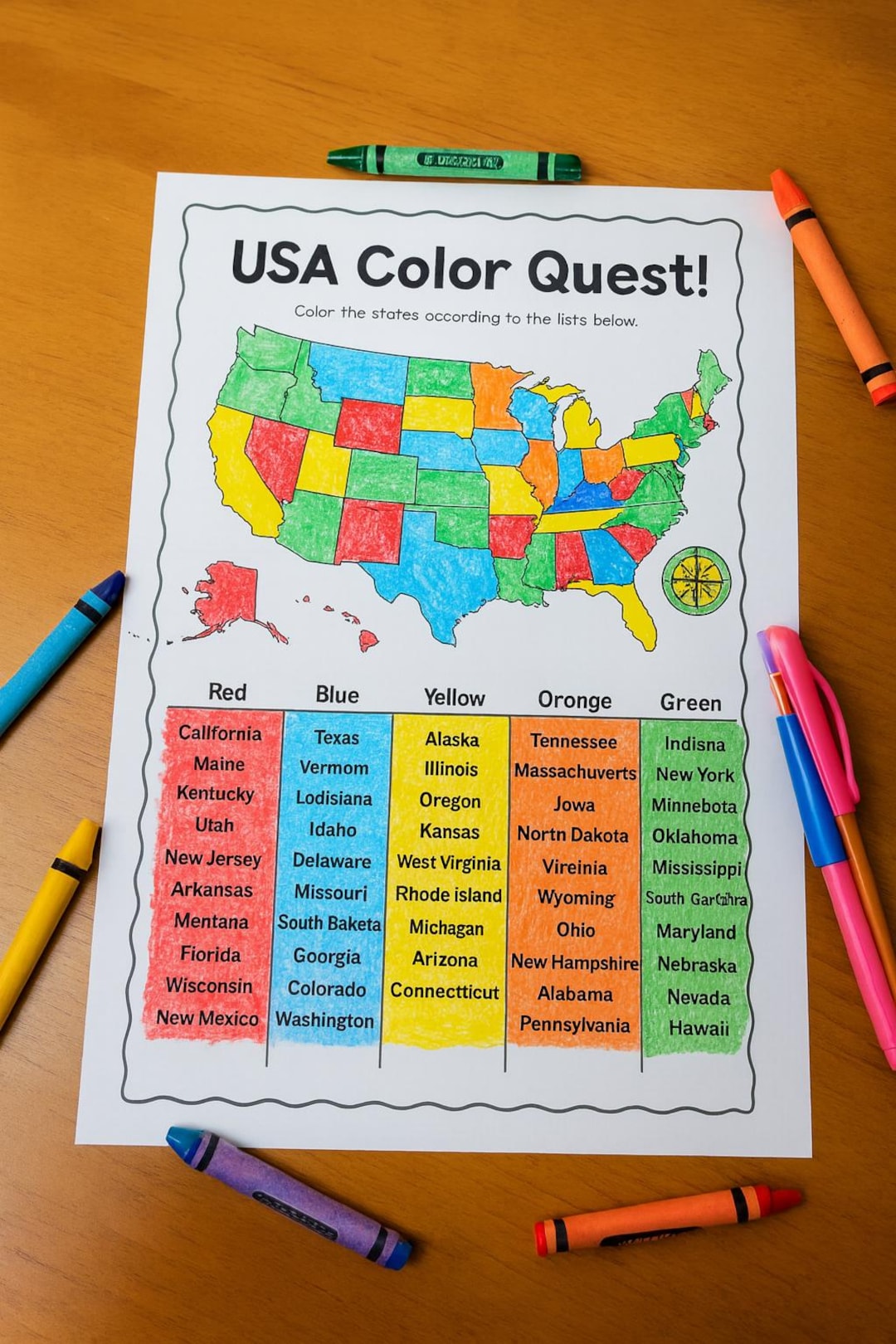 USA Color Quest Printable Worksheet | Fun State Coloring Activity for ...