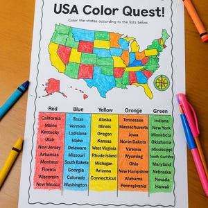 May include: A USA Color Quest activity sheet featuring a map of the United States with states colored in red, blue, yellow, orange, and green. Below the map is a color-coded list of states with corresponding text labels and colored backgrounds.