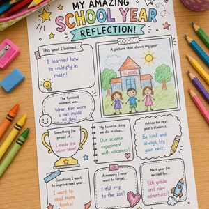 Puede incluir: Una hoja de trabajo impresa titulada My Amazing School Year Reflection con respuestas escritas a mano en varios colores. La página incluye secciones para aprendizajes, recuerdos y metas, decorada con dibujos de una escuela, un trofeo y un cohete.