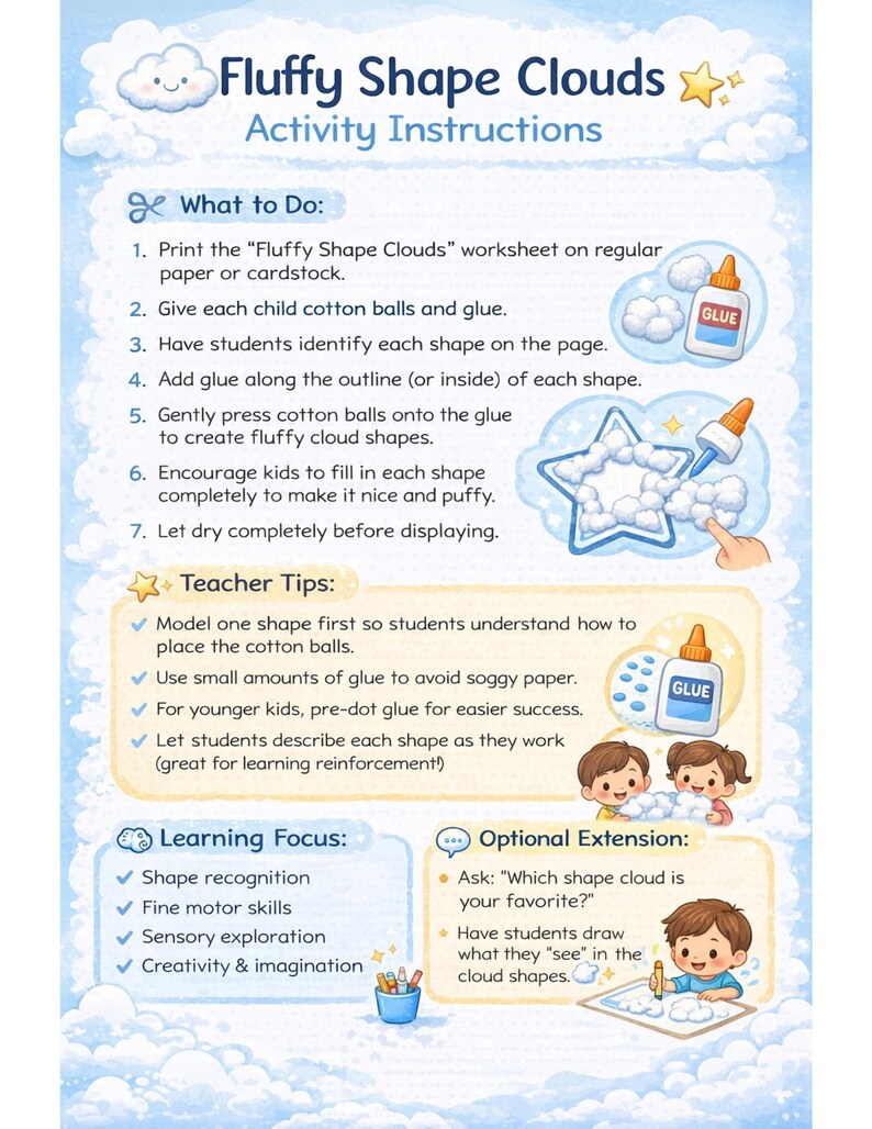 May include: A colorful activity sheet titled "Fluffy Shape Clouds" with instructions for a craft project. The sheet includes steps for creating cloud shapes using cotton balls and glue, with teacher tips and learning focus details. The text includes the words "Activity Instructions".