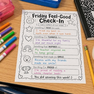 May include: A "Friday Feel-Good Check-In" worksheet with fill-in prompts, colorful markers, a pencil, and a small succulent in a smiley face pot. The worksheet encourages reflection with prompts like "Something I tried this week" and "Something that made me smile."