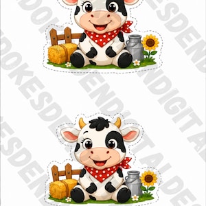 May include: Two cartoon cow illustrations. Each cow is black and white, wearing a red bandana, and sitting. They are surrounded by a small fence, hay bales, a milk jug, and sunflowers. The text at the bottom reads: Print additional farm animal pages as needed for student sets.