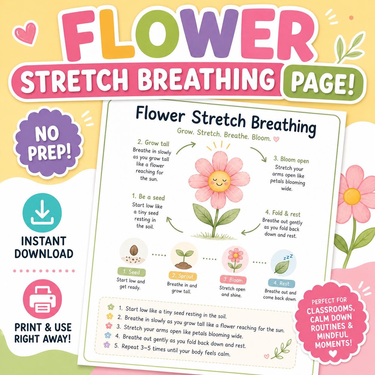 Flower Breathing Exercise Poster | Kids Calm Down Strategy (PDF ...