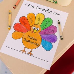 May include: A Thanksgiving-themed coloring page featuring a cartoon turkey with colorful tail feathers. The text "I Am Grateful For..." is at the top, with words like "God," "Faith," and "Friends" on the feathers. Crayons in various colors surround the page.