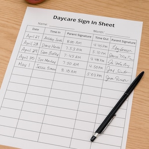 Printable Childcare Sign-In Sheet: Preschool & Daycare Attendance Form (PDF Download)